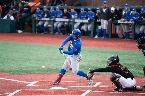 Wyatt Hanoian swings the bat during a baseball game at #7 Oregon State