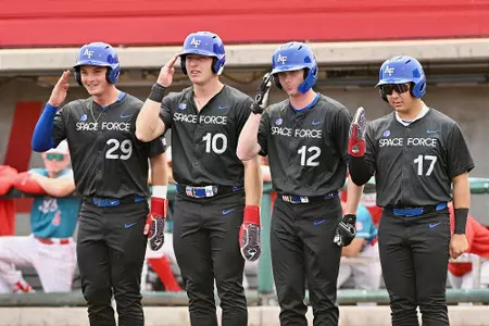 Luke Elmore, Tripp Garrish, Christian Taylor, Wyatt Hanoian salute at the plate after Garrett Hutchins hit a grand slam at New Mexico.
