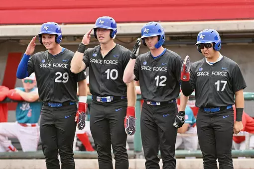 Luke Elmore, Tripp Garrish, Christian Taylor, Wyatt Hanoian salute at the plate after Garrett Hutchins hit a grand slam at New Mexico.