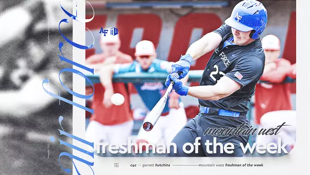 Graphic of Garrett Hutchins Freshman of the Week, Photo is hitting baseball at New Mexico