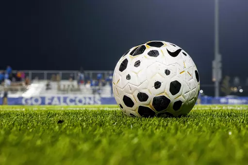 A soccer ball rests on the pitch at Cadet Soccer Stadium