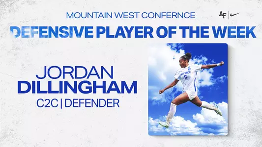 Graphic highlighting Jordan Dillingham as the Mountain West Women's Soccer Defensive Player of the Week