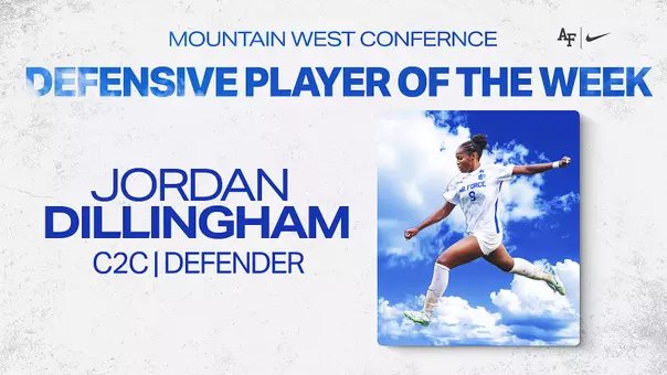 Graphic highlighting Jordan Dillingham as the Mountain West Women's Soccer Defensive Player of the Week