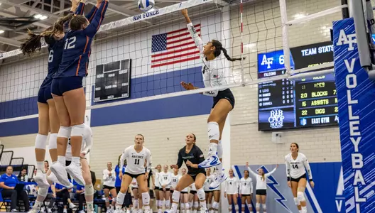 Karina Mendivil records a kill in the Falcons' exhibition win over Mines.
