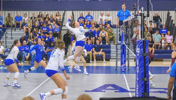 Zoe Kirby makes a kill during the Falcons' win over Little Rock on Sept 10