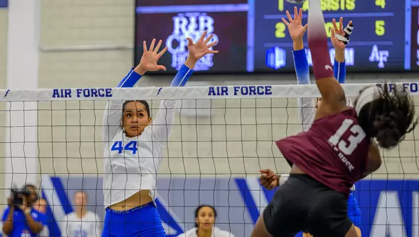 Grace Fiaseu makes a block against Little Rock at the Amy Svoboda Memorial Classic.