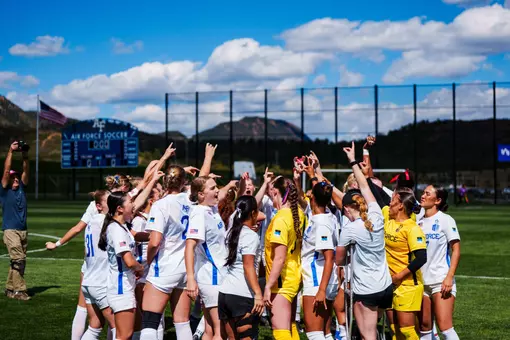 The women's soccer team huddles prior to the match against Eastern Washington at Cadet Soccer Stadium