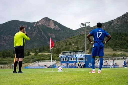 Xidane Espinoza lines up for a corner kick at Cadet Soccer Stadium