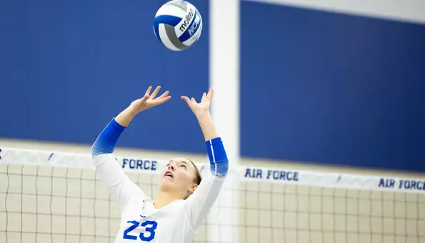 Sam Pope sets the ball during the Falcons' opener against Little Rock.