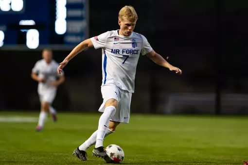 Sean Odle dribbles the ball up the pitch at Cadet Soccer Stadium
