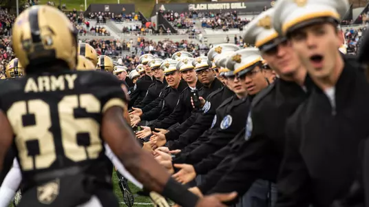 WEST POINT, NY - OCTOBER 20: United States Military Academy cadets cheer as the Army Black Knights run onto the field before a game against the Miami of Ohio RedHawks at Michie Stadium on October 20, 2018 in West Point, New York. (Photo by Dustin Satloff/Getty Images) *** Local Caption ***