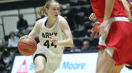 Army's Libby Tacka drives the lane in women's basketball action against St. Francis Brooklyn on Nov. 28.