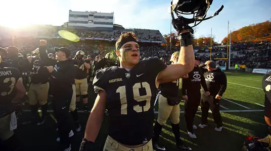 Nov 11, 2017; West Point, NY, USA; Army Black Knights linebacker James Nachtigal (19) celebrates after beating the Duke Blue Devils 21-16  at Michie Stadium. Mandatory Credit: Danny Wild-USA TODAY Sports