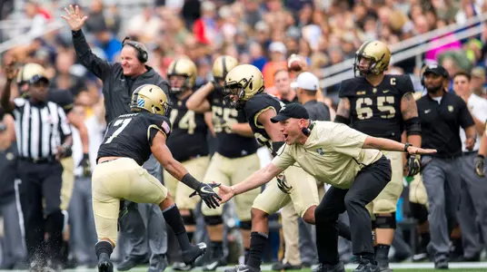 WEST POINT, NY - SEPTEMBER 8: Jaylon McClinton #7 of Army reacts after a stop on fourth down during the game between Army and Liberty at Michie Stadium on September 8, 2018 in West Point, New York.