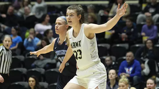 Taylor Sullivan posts up against Connecticut College on Dec. 30, 2018 in Army's win over the Camels.