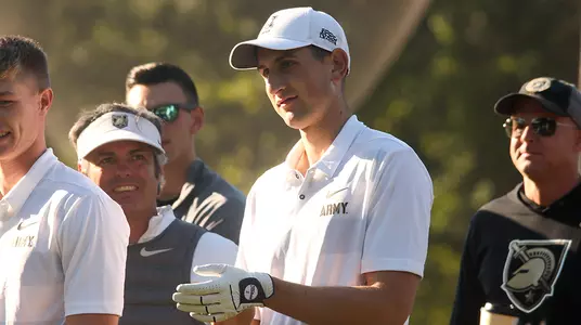 Tom Katsenes looks on before teeing off against Navy in the fall of 2018.