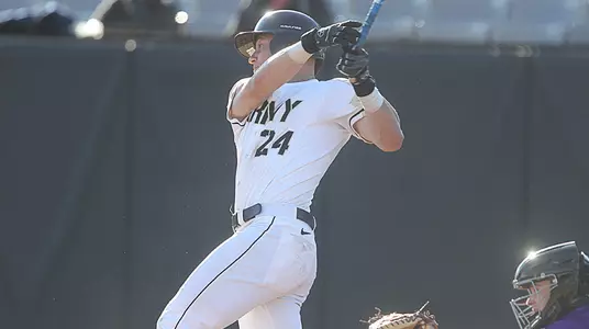 Jeremiah Adams takes an at bat against Holy Cross in a midweek conference game.