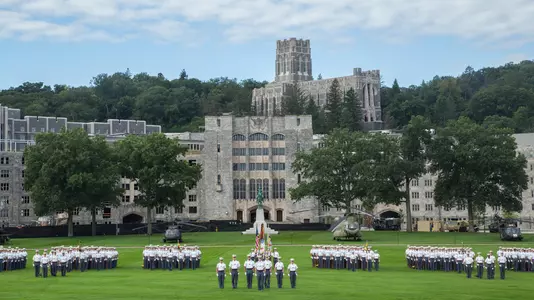 Cadets at West Point during a parade prior to the Army-Hawaii football game.