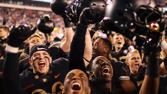 Army celebrates after singing the alma mater following its win over Navy on Dec. 8, 2018.