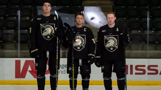 Dominic Franco, Zach Evancho, and Alex Wilkinson during Army Black Knights hockey photo Day at the United States Military Academy on August 14, 2019 in West Point, New York.