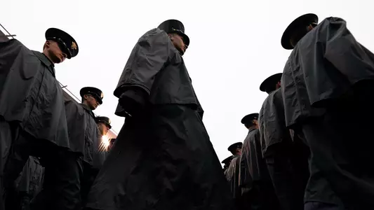 The United States Military Academy Corps of Cadets during the March On before the start of a game between the Army Black Knights and the Navy Midshipmen at Lincoln Financial Field on December 14, 2019 in Philadelphia, Pennsylvania.
