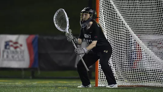 Maddie Burns in goal against Navy in the 2019 Patriot League Tournament