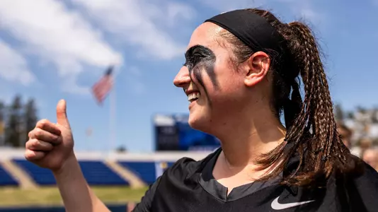 Maddie Miller of the Army Black Knights before an NCAA Division I women's lacrosse game between the Army Black Knights and Navy Midshipmen at Navy Marine Corps Memorial Stadium on April 13, 2019 in Annapolis, MD.