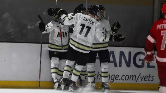 Army celebrates after scoring one of its four goals in game one of the Atlantic Hockey Quarterfinals on March 12, 2021.