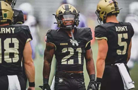 Oct 1, 2022; West Point, New York, USA; Army Black Knights running back Tyrell Robinson (21) warms up before the first half against the Georgia State Panthers at Michie Stadium. Mandatory Credit: Danny Wild-USA TODAY Sports