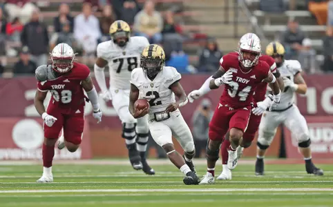 Nov 12, 2022; Troy, Alabama, USA; Army Black Knights quarterback Tyhier Tyler (2) runs with the ball against the Troy Trojans during the first half at Veterans Memorial Stadium. Mandatory Credit: Danny Wild-USA TODAY Sports