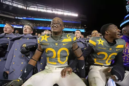 Dec 10, 2022; Philadelphia, Pennsylvania, USA; Army Black Knights defensive back Marquel Broughton (20) celebrates after beating the Navy Midshipmen 20-17 in double overtime at the 123rd Army-Navy game at Lincoln Financial Field. Mandatory Credit: Danny Wild-USA Today Sports