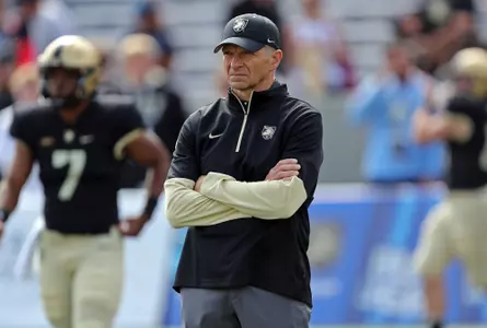 Sep 17, 2022; West Point, New York, USA; Army Black Knights head coach Jeff Monken watches his player warm up before the first half against the Villanova Wildcats at Michie Stadium. Mandatory Credit: Danny Wild-USA TODAY Sports