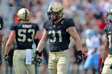 Sep 9, 2023; West Point, New York, USA; Army Black Knights linebacker Leo Lowin (31) during the first half against the Delaware State Hornets at Michie Stadium. Mandatory Credit: Danny Wild-USA TODAY Sports