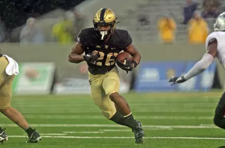 Oct 14, 2023; West Point, New York, USA; Army Black Knights running back Kanye Udoh (26) carries the ball against the Troy Trojans during the second half at Michie Stadium. Mandatory Credit: Danny Wild-USA TODAY Sports