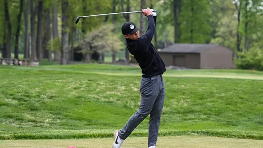 John Heckel Jr. tee shot at Patriot League Championship at Hillendale Country Club