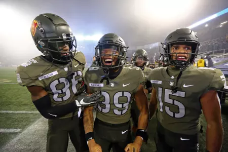 Dec 12, 2020; West Point, New York, USA; Army Black Knights running back Ay'Juan Marshall (39) celebrates in the final moments of a 15-0 win over Navy during the Army-Navy game at Michie Stadium. Mandatory Credit: Danny Wild-USA TODAY Sports