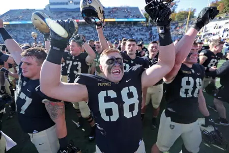 Oct 22, 2022; West Point, New York, USA; Army Black Knights offensive lineman Jackson Filipowicz (68) celebrates a win against the Louisiana Monroe Warhawks at Michie Stadium. Mandatory Credit: Danny Wild-USA TODAY Sports
