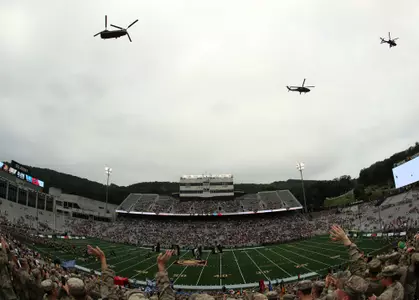 Sep 9, 2023; West Point, New York, USA; U.S. Army helicopters fly over Michie Stadium before a game between the Army Black Knights and the Delaware State Hornets during the first half at Michie Stadium. Mandatory Credit: Danny Wild-USA TODAY Sports