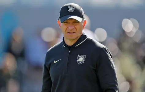 Oct 12, 2024; West Point, New York, USA; Army Black Knights head coach Jeff Monken watches his team warm up during the first half against the UAB Blazers at Michie Stadium. Mandatory Credit: Danny Wild-Imagn Images