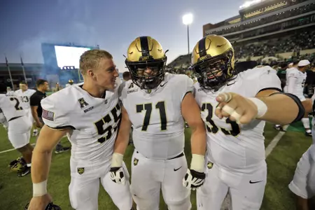 Nov 9, 2024; Denton, Texas, USA; Army Black Knights offensive lineman Paolo Gennarelli (71) celebrates after a 14-3 win against the North Texas Mean Green at DATCU Stadium. Mandatory Credit: Danny Wild-Imagn Images