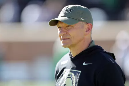Nov 9, 2024; Denton, Texas, USA; Army Black Knights head coach Jeff Monken during warmups before a game against the North Texas Mean Green at DATCU Stadium. Mandatory Credit: Danny Wild-Imagn Images
