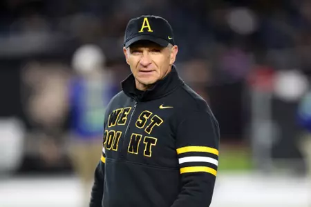 Nov 23, 2024; New York, New York, USA; Army Black Knights head coach Jeff Monken watches his players warm up before the first half against the Notre Dame Fighting Irish at Yankee Stadium. Mandatory Credit: Danny Wild-Imagn Images