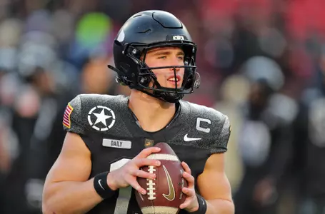 Dec 14, 2024; Landover, Maryland, USA; Army Black Knights quarterback Bryson Daily (13) warms up during the first half of the the 125th Army-Navy game at Northwest Stadium. Mandatory Credit: Danny Wild-Imagn Images