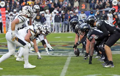 Dec 14, 2024; Landover, Maryland, USA; Army and Navy line up at the line of scrimmage during the first half of the the 125th Army-Navy game at Northwest Stadium. Mandatory Credit: Danny Wild-Imagn Images