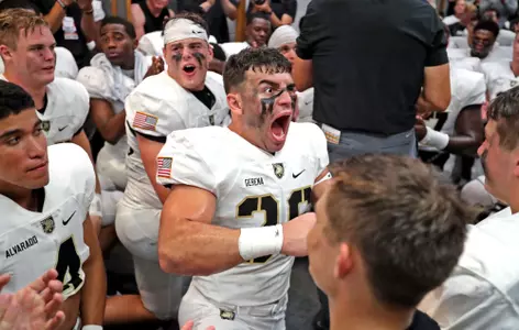 Sep 15, 2023; San Antonio, Texas, USA; Army Black Knights linebacker Brett Gerena (36) celebrates a 37-29 victory against the UTSA Roadrunners at the Alamodome. Mandatory Credit: Danny Wild-USA TODAY Sports