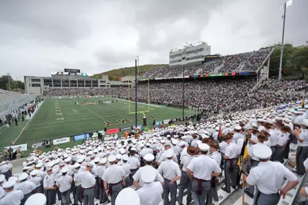 Oct 11, 2025; West Point, New York, USA; West Point cadets watch the action during the first half of a game between the Army Black Knights and the Charlotte 49ers at Michie Stadium. Mandatory Credit: Danny Wild-Imagn Images