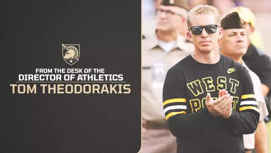 Graphic featuring From the Desk of AD #31 text on the left side and a photo of Director of Athletics Tom Theodorakis clapping on the right side at a football game at Michie Stadium.