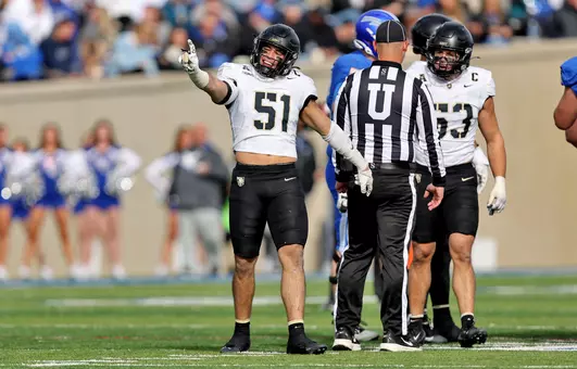 November 1, 2025: Andon Thomas points to the Army bench during the first half at Falcon Stadium at the U.S. Air Force Academy in Colorado Springs, Colorado. Photo: Danny Wild/Army football