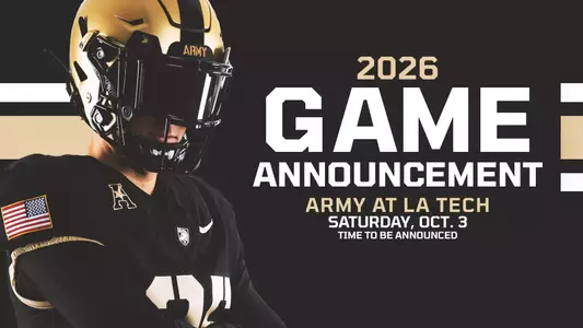 Game announcement graphic for the Army vs. Louisiana Tech game during the 2026 season with an Army player on the left and the announcement of the game on the right.