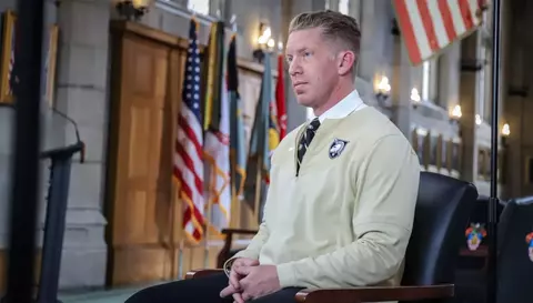 Photo of Director of Athletics Tom Theodorakis during an interview in the Thayer Award Room at West Point.